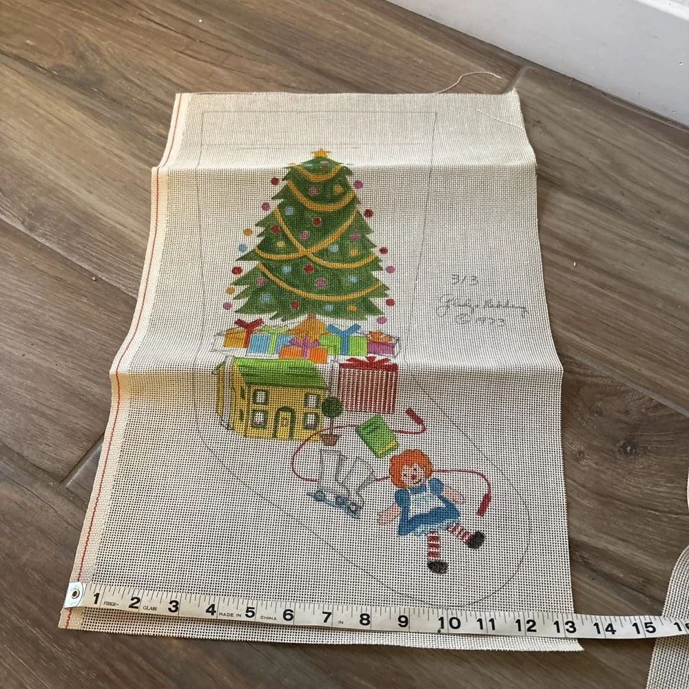 Vintage needlepoint canvas handpainted Christmas Tree & Presents Stocking New